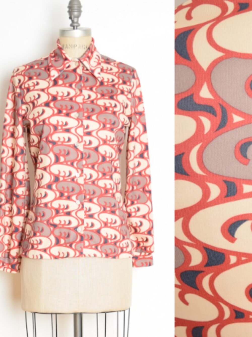 vintage 70s disco shirt art nouveau op-art print top pointy dagger collar M
